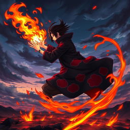 A dynamic side view of Uchiha Itachi performing a powerful fire technique, showcasing vivid flames erupting from his hands