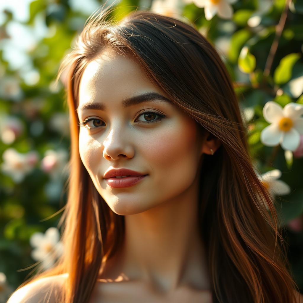 A beautifully edited portrait of a person with radiant skin and vibrant hair, captured in a natural outdoor setting