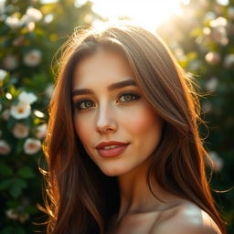 A beautifully edited portrait of a person with radiant skin and vibrant hair, captured in a natural outdoor setting