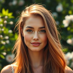 A beautifully edited portrait of a person with radiant skin and vibrant hair, captured in a natural outdoor setting