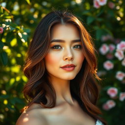 A beautifully edited portrait of a person with radiant skin and vibrant hair, captured in a natural outdoor setting