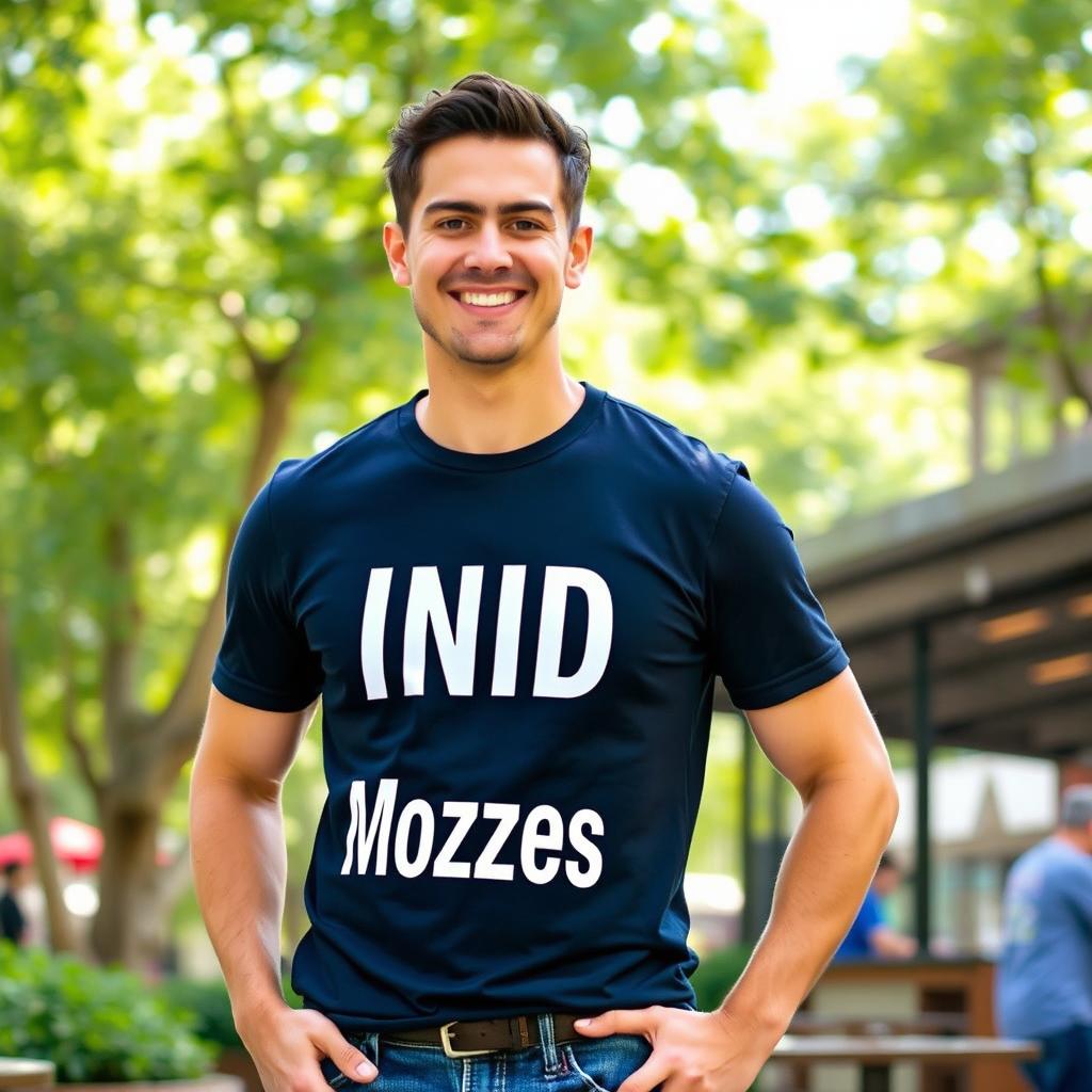 A man wearing a t-shirt with the text 'INID Mozzes' prominently displayed