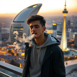 A young adult smoking casually next to the Milad Tower in Iran, capturing the urban atmosphere