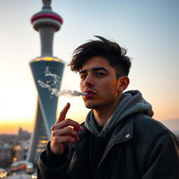 A young adult smoking casually next to the Milad Tower in Iran, capturing the urban atmosphere