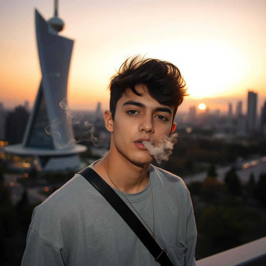 A young adult smoking casually next to the Milad Tower in Iran, capturing the urban atmosphere