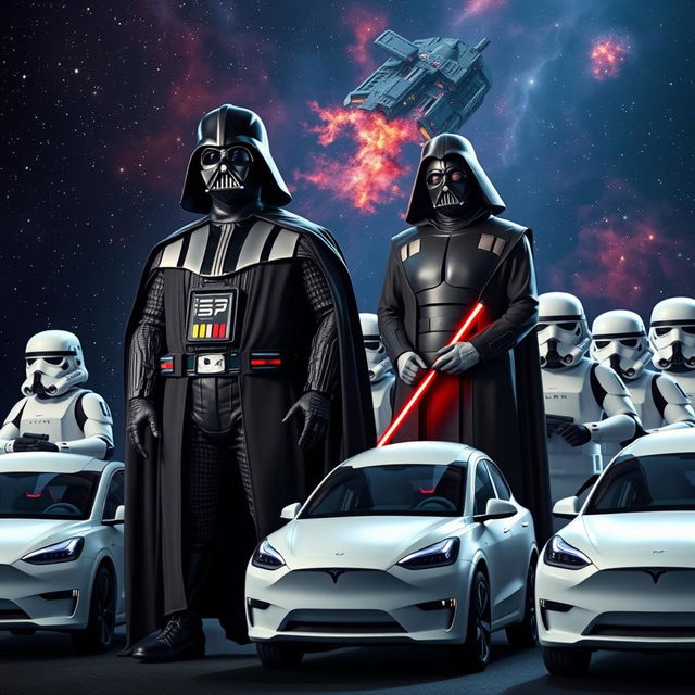 A vibrant and imaginative scene depicting Donald Trump dressed as Darth Vader, complete with the iconic black armor and helmet, standing confidently with a commanding posture