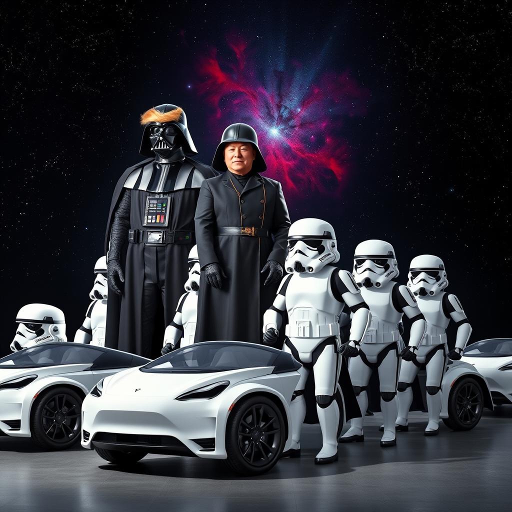 A vibrant and imaginative scene depicting Donald Trump dressed as Darth Vader, complete with the iconic black armor and helmet, standing confidently with a commanding posture