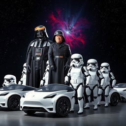 A vibrant and imaginative scene depicting Donald Trump dressed as Darth Vader, complete with the iconic black armor and helmet, standing confidently with a commanding posture