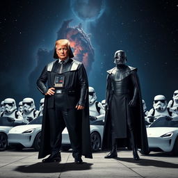 A vibrant and imaginative scene depicting Donald Trump dressed as Darth Vader, complete with the iconic black armor and helmet, standing confidently with a commanding posture