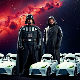 A vibrant and imaginative scene depicting Donald Trump dressed as Darth Vader, complete with the iconic black armor and helmet, standing confidently with a commanding posture