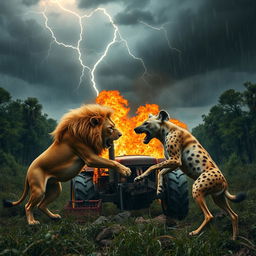 A dramatic scene featuring a lion and a hyena fiercely engaged in a fight within a dense forest