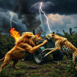 A dramatic scene featuring a lion and a hyena fiercely engaged in a fight within a dense forest
