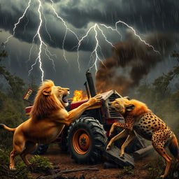 A dramatic scene featuring a lion and a hyena fiercely engaged in a fight within a dense forest