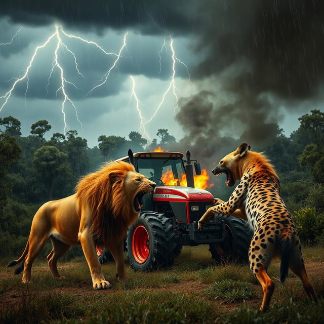 A dramatic scene featuring a lion and a hyena fiercely engaged in a fight within a dense forest