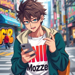 A male figure in an anime style, focused intently on his smartphone
