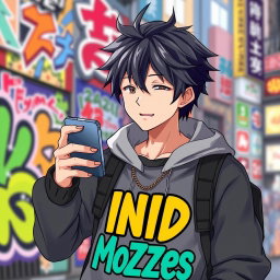 A male figure in an anime style, focused intently on his smartphone