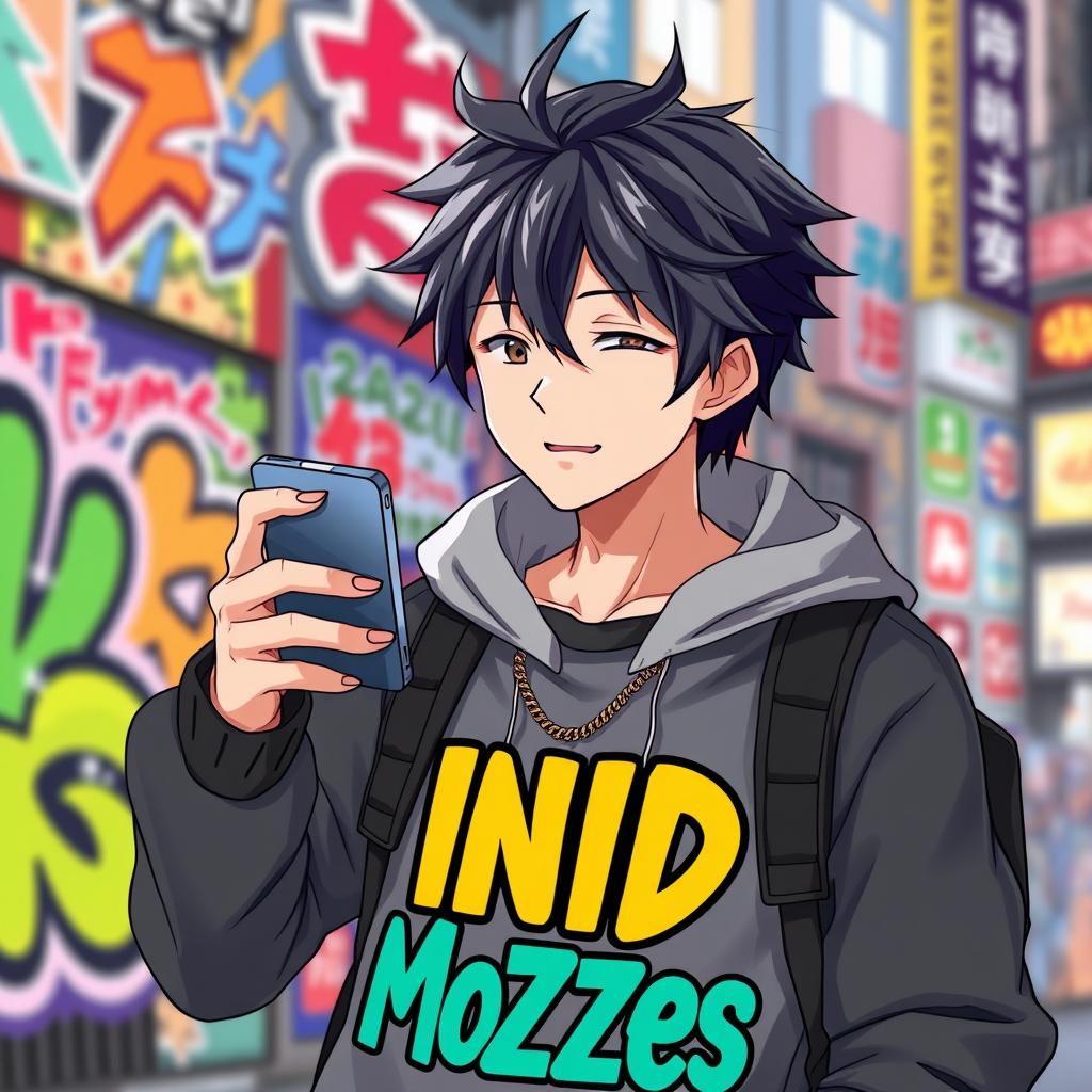 A male figure in an anime style, focused intently on his smartphone