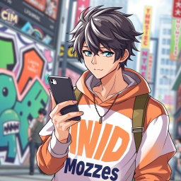 A male figure in an anime style, focused intently on his smartphone