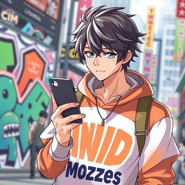 A male figure in an anime style, focused intently on his smartphone