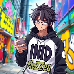 A male figure in an anime style, focused intently on his smartphone