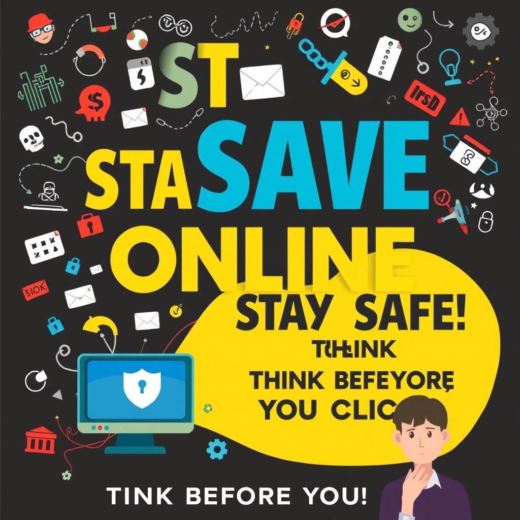 A visually striking poster illustrating the dangers of the internet and ways to stay safe online