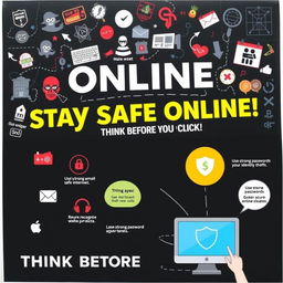 A visually striking poster illustrating the dangers of the internet and ways to stay safe online