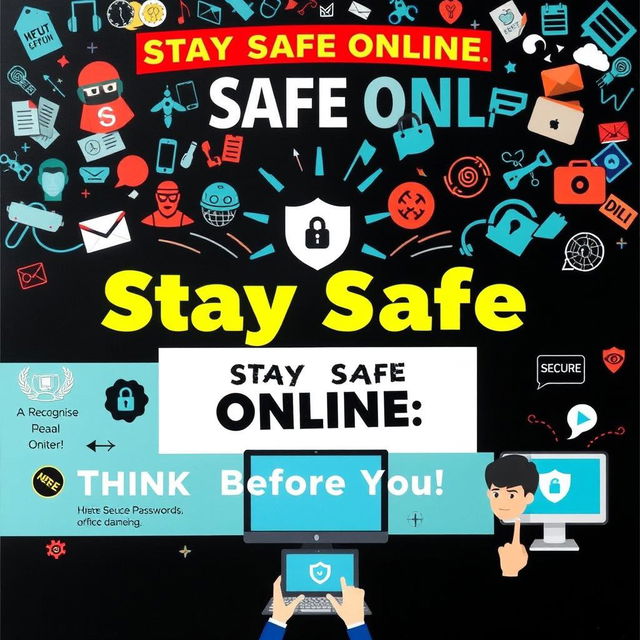 A visually striking poster illustrating the dangers of the internet and ways to stay safe online