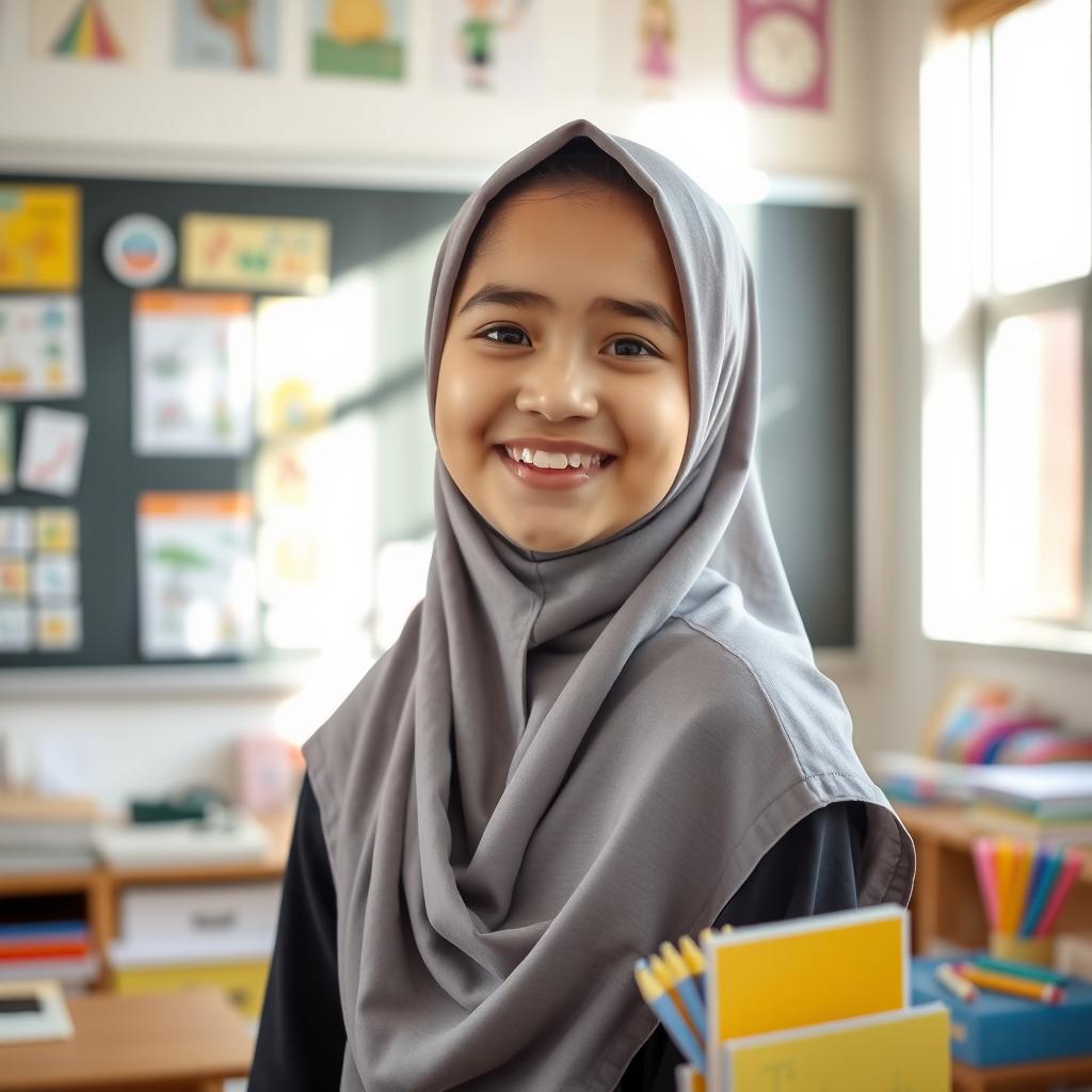 A happy schoolgirl wearing a hijab, smiling brightly, in a classroom filled with educational posters and books
