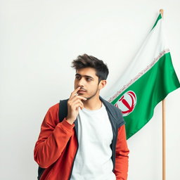 A young adult smoking a cigarette next to the Iranian flag