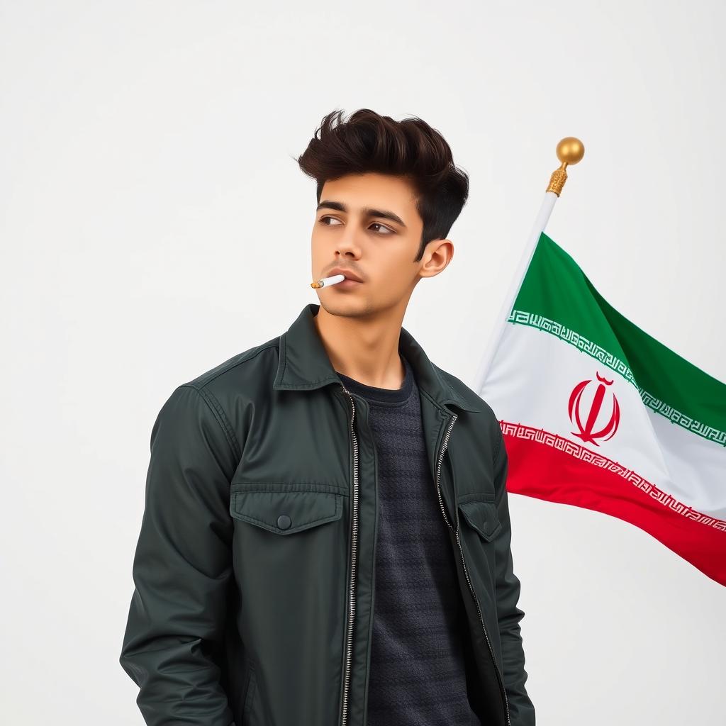 A young adult smoking a cigarette next to the Iranian flag