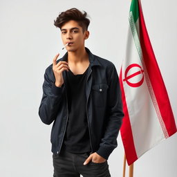 A young adult smoking a cigarette next to the Iranian flag