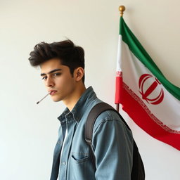 A young adult smoking a cigarette next to the Iranian flag
