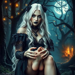 A beautiful white-haired goth witch, dressed in elegant dark attire adorned with lace and intricate jewelry