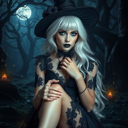 A beautiful white-haired goth witch, dressed in elegant dark attire adorned with lace and intricate jewelry