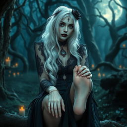 A beautiful white-haired goth witch, dressed in elegant dark attire adorned with lace and intricate jewelry