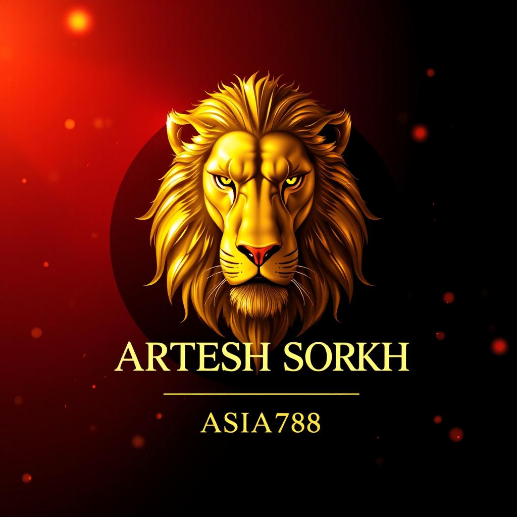 A majestic golden lion prominently featured from a front angle, encapsulated within a circle