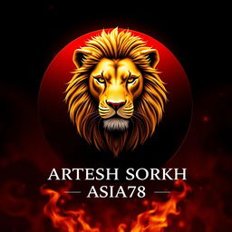 A majestic golden lion prominently featured from a front angle, encapsulated within a circle