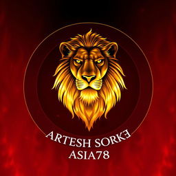 A majestic golden lion prominently featured from a front angle, encapsulated within a circle