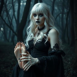 A super realistic and beautiful white-haired goth witch, exuding an alluring and mysterious vibe