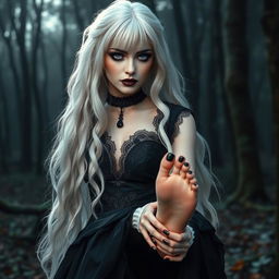 A super realistic and beautiful white-haired goth witch, exuding an alluring and mysterious vibe