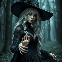A super realistic and beautiful white-haired goth witch, exuding an alluring and mysterious vibe