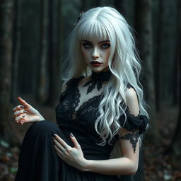 A super realistic and beautiful white-haired goth witch, exuding an alluring and mysterious vibe