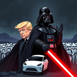 A striking illustration depicting Donald Trump as Darth Vader, complete with a flowing black cape, imposing helmet, and red lightsaber