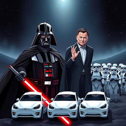 A striking illustration depicting Donald Trump as Darth Vader, complete with a flowing black cape, imposing helmet, and red lightsaber