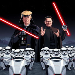 A striking illustration depicting Donald Trump as Darth Vader, complete with a flowing black cape, imposing helmet, and red lightsaber