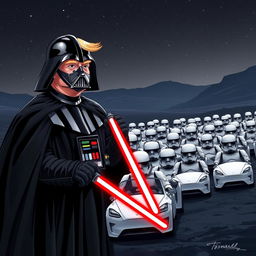 A striking illustration depicting Donald Trump as Darth Vader, complete with a flowing black cape, imposing helmet, and red lightsaber