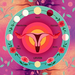 An artistic representation of the menstrual cycle, illustrating the different phases including menstruation, the follicular phase, ovulation, and the luteal phase