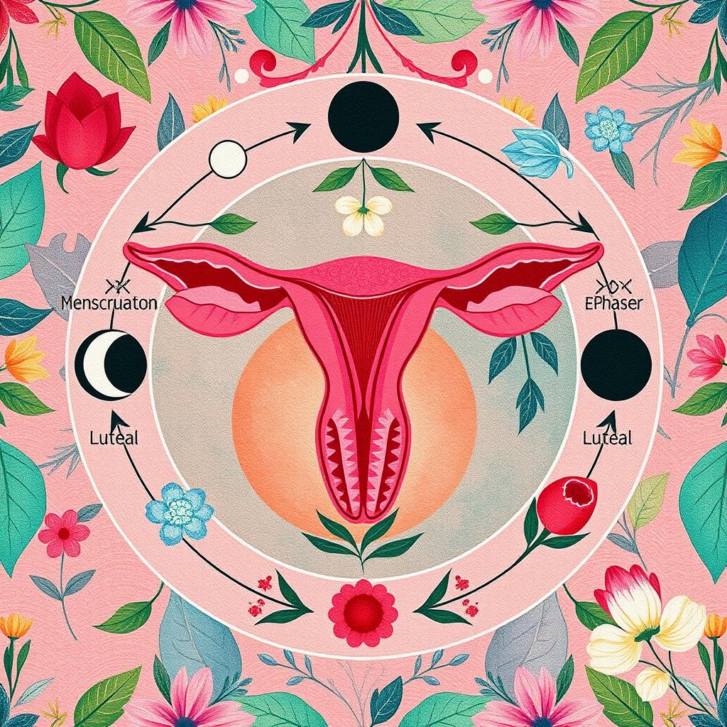 An artistic representation of the menstrual cycle, illustrating the different phases including menstruation, the follicular phase, ovulation, and the luteal phase