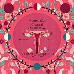 An artistic representation of the menstrual cycle, illustrating the different phases including menstruation, the follicular phase, ovulation, and the luteal phase