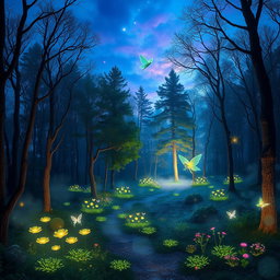 an ethereal forest at twilight, filled with glowing, bioluminescent plants and soft mist swirling around the trees, a path winding through the woods leading to a magical clearing, where gentle fairies dance gently in the air, sparkling lights surrounding them, vibrant colors of blues and purples in the sky, creating a serene and enchanting atmosphere